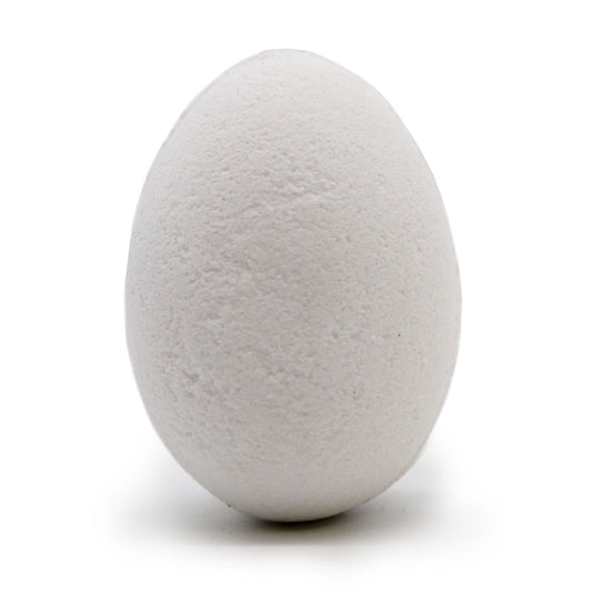 A cardboard tray containing thirty white egg-shaped bath bombs with a smooth matte finish.