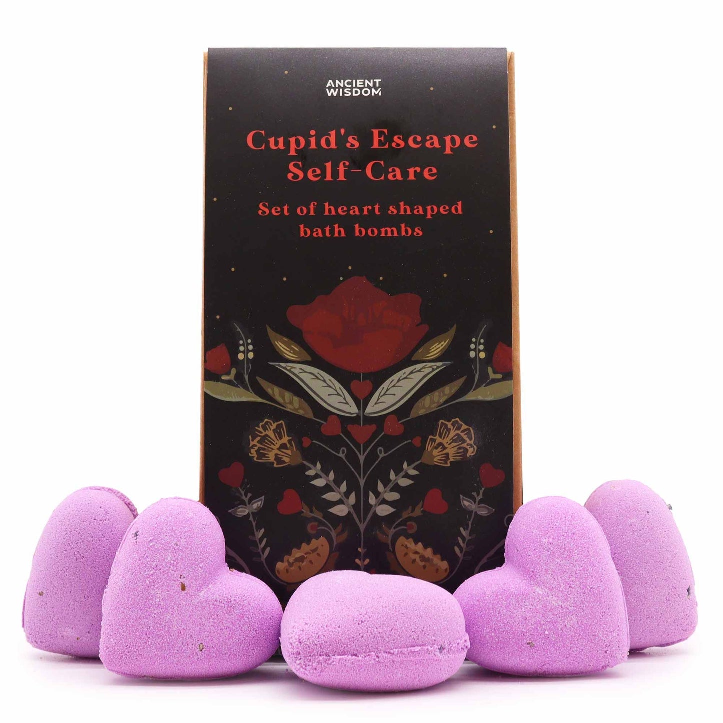 Gift set containing heart-shaped bath bombs with dried lavender botanicals in a decorative box.