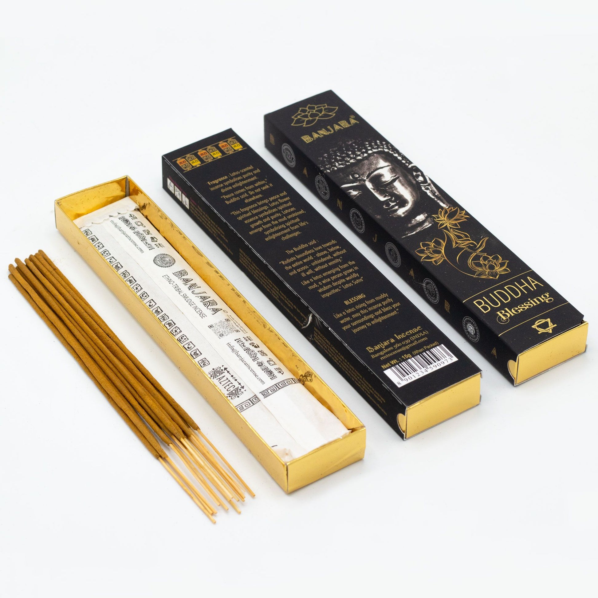 A pack of incense sticks featuring a serene Buddha illustration on the packaging, set against a neutral background.