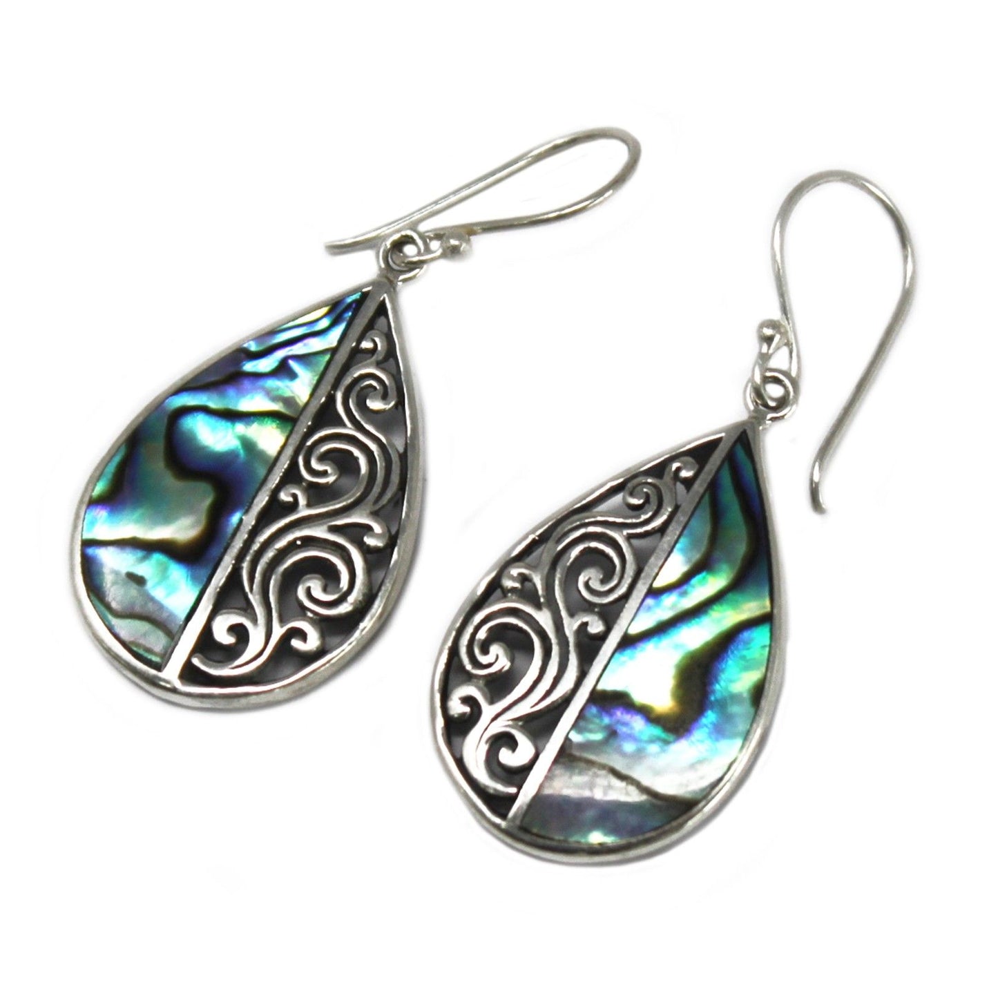 Handmade 925 silver teardrop earrings featuring a shimmering abalone shell inlay against a white background.