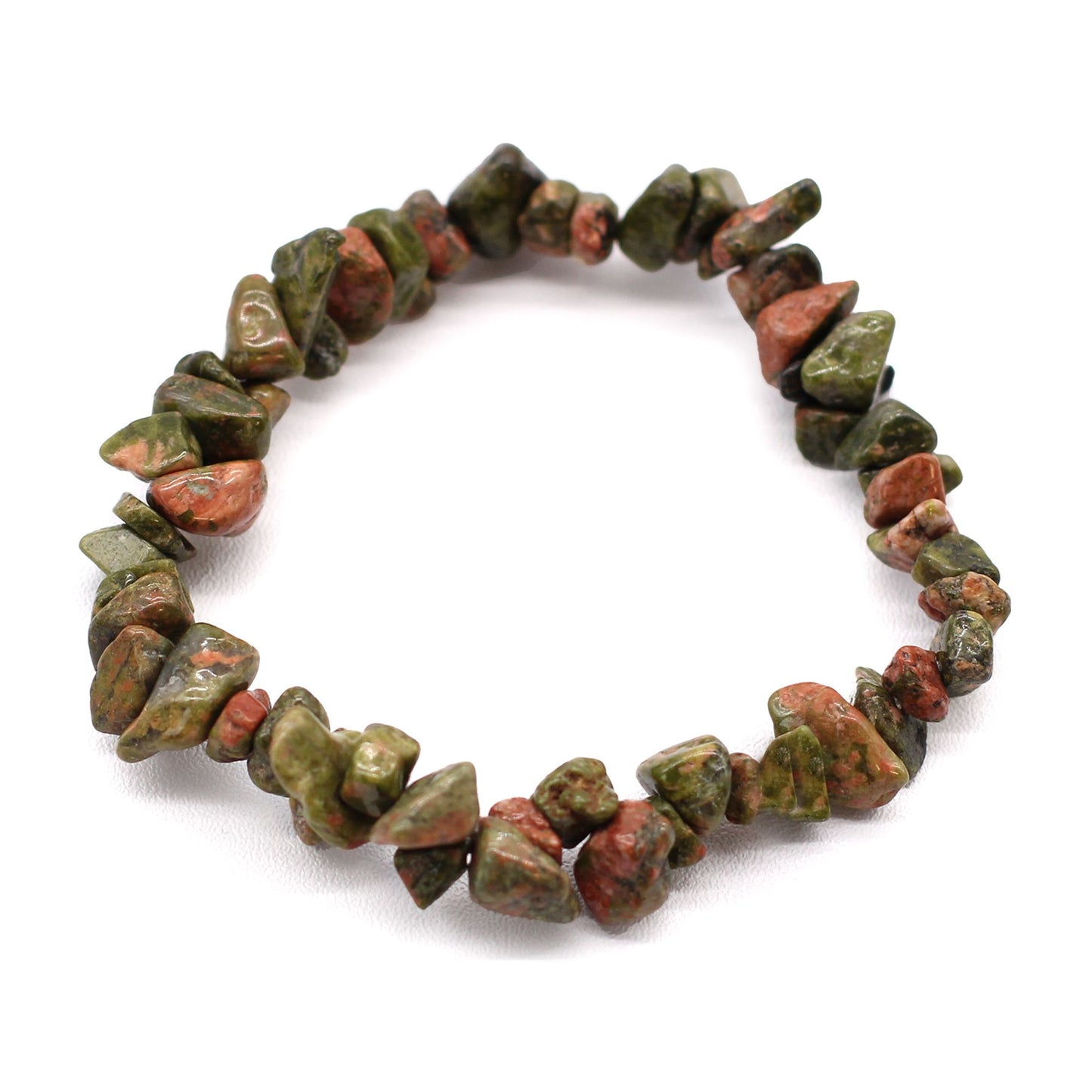 Classic green jasper chipstone bracelet featuring polished emerald-hued gemstone fragments on a clear elastic thread.