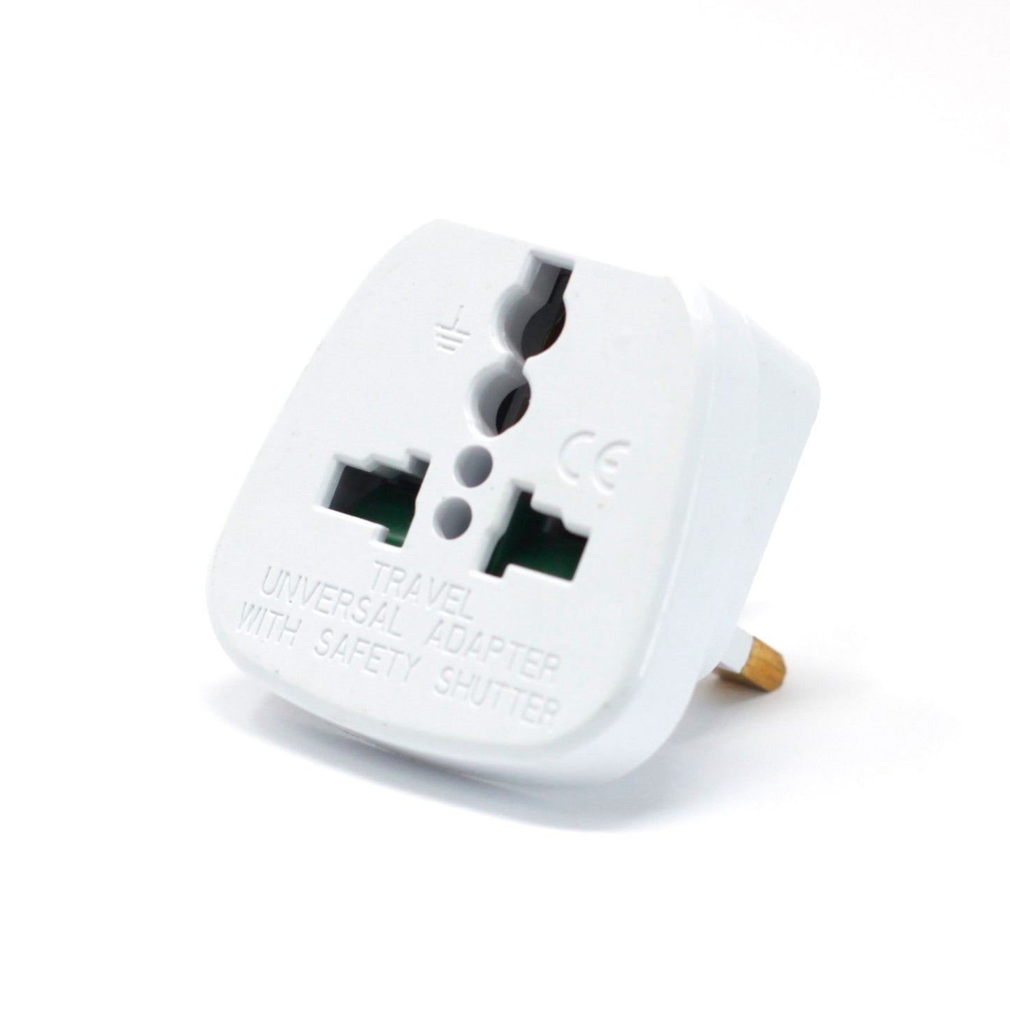 White EU 2-pin to UK 3-pin travel plug adaptor with safety shutter and 13A fuse for electrical devices.
