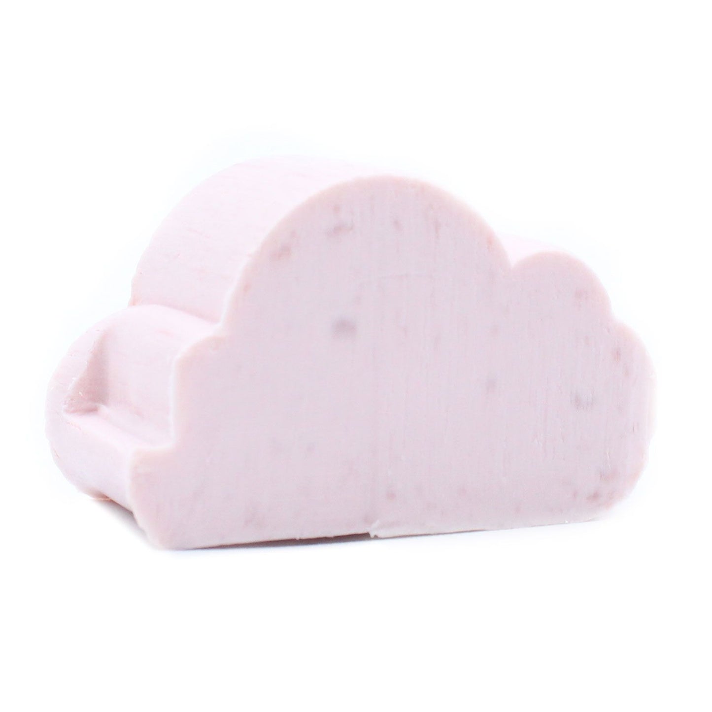 Set of ten small pink heart-shaped guest soaps with a soft cloud-like texture and marshmallow scent.