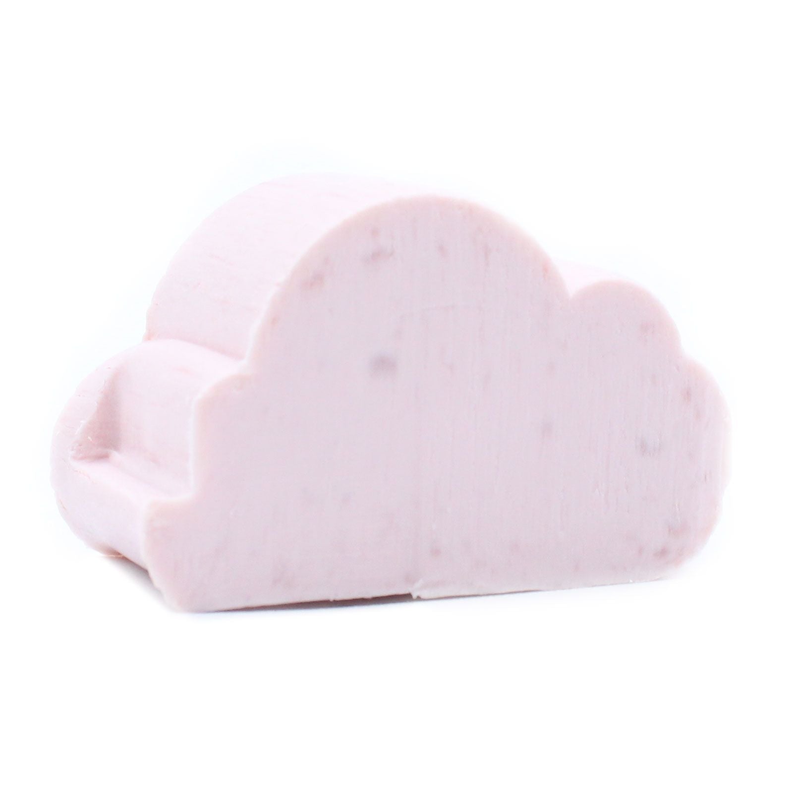 Set of ten small pink heart-shaped guest soaps with a soft cloud-like texture and marshmallow scent.