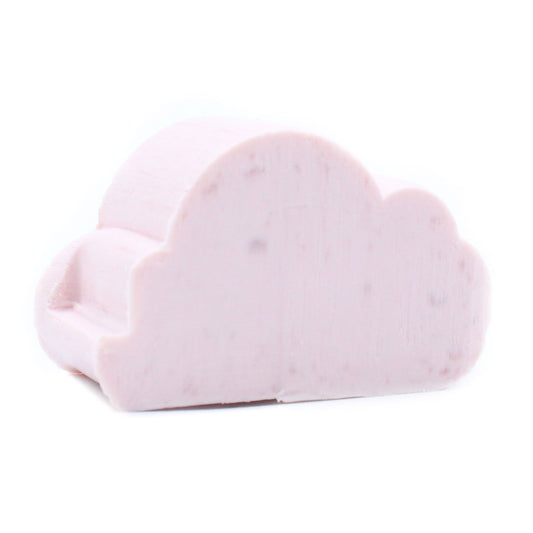 Set of ten small pink heart-shaped guest soaps with a soft cloud-like texture and marshmallow scent.
