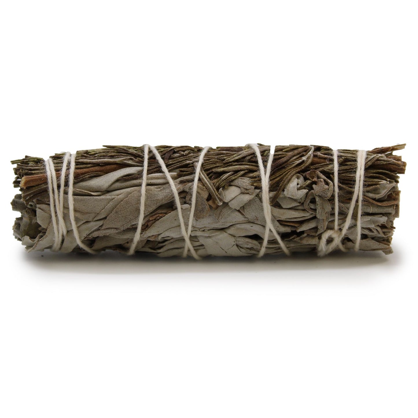 Hand-tied bundle of dried white sage leaves and rosemary sprigs for spiritual smudging rituals.