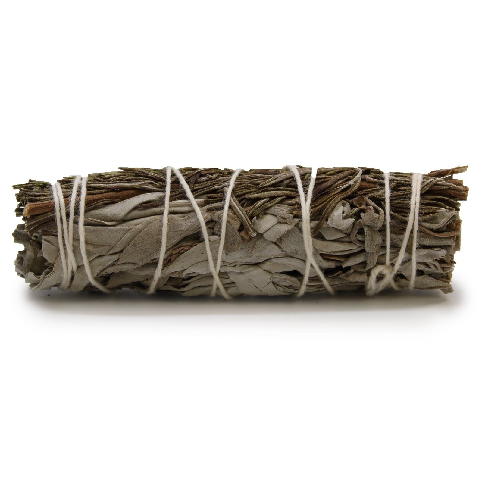 Hand-tied bundle of dried white sage leaves and rosemary sprigs for spiritual smudging rituals.