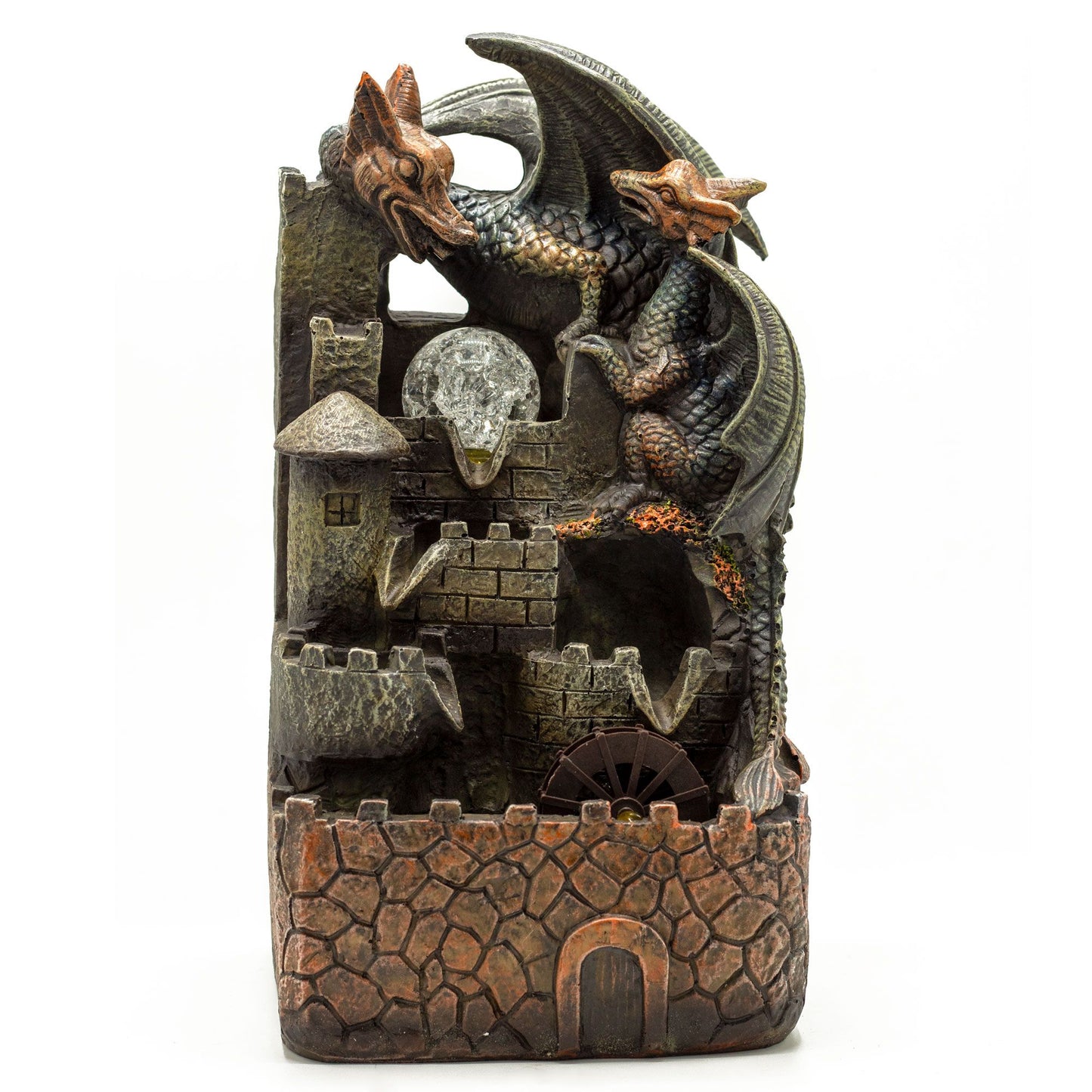 Detailed polyresin indoor water fountain featuring two dragons, a crystal ball, and a rotating water wheel.