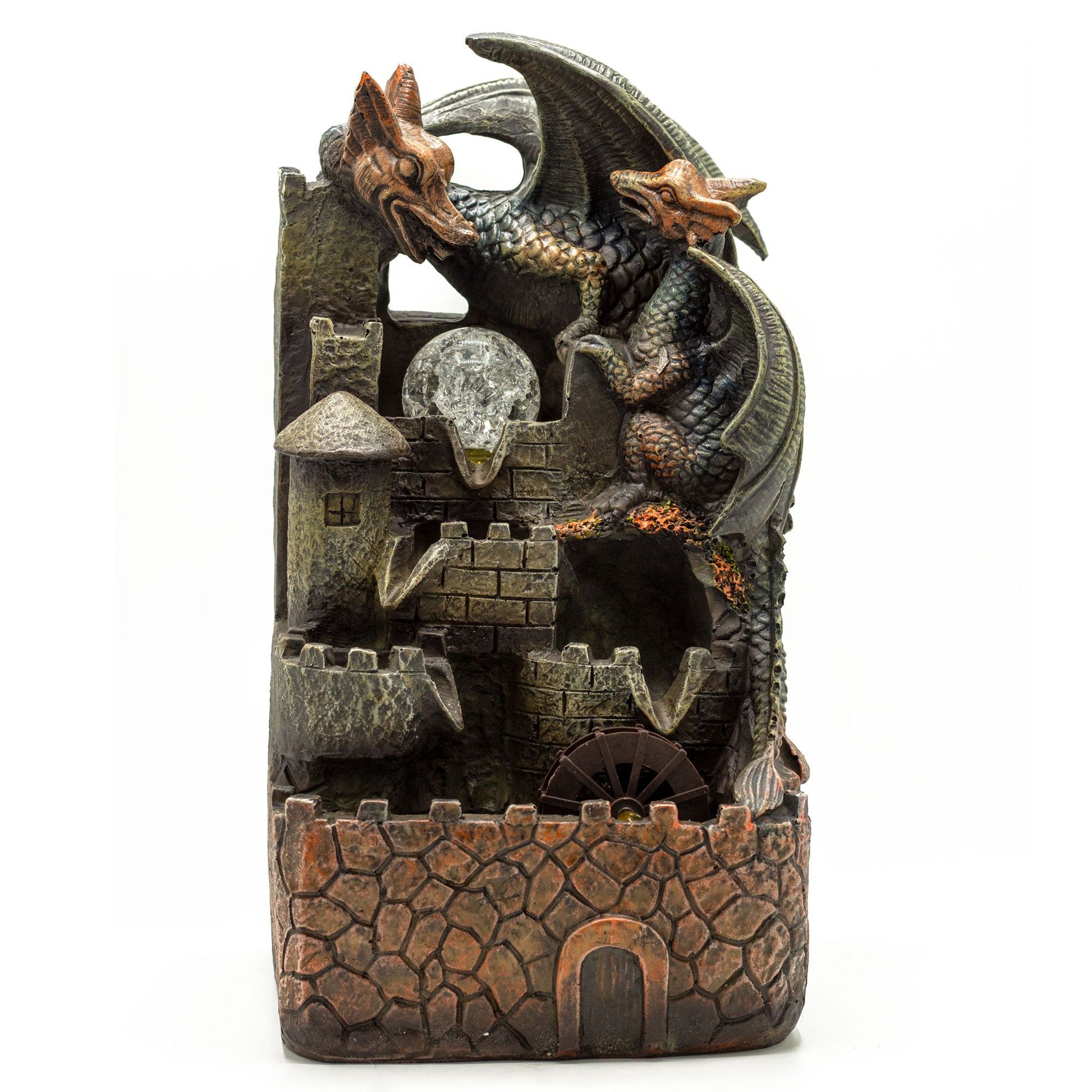 Detailed polyresin indoor water fountain featuring two dragons, a crystal ball, and a rotating water wheel.