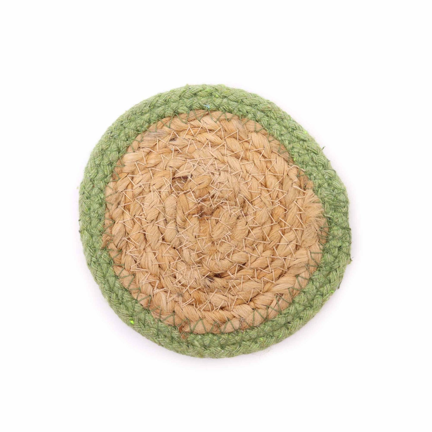 Set of four circular woven jute and cotton coasters with a decorative olive green stitched border.