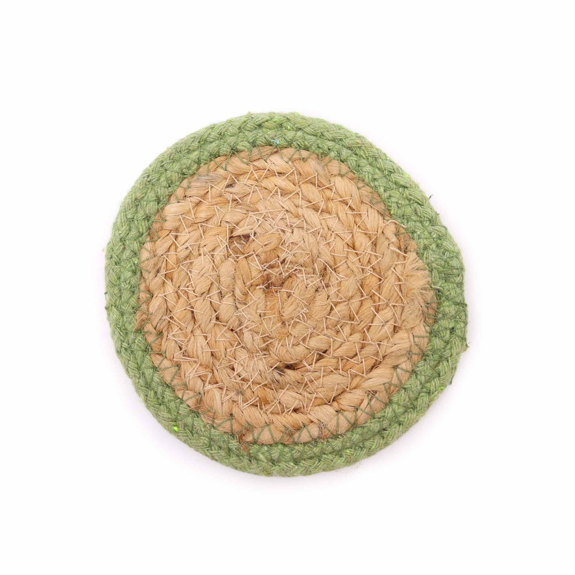 Set of four circular woven jute and cotton coasters with a decorative olive green stitched border.