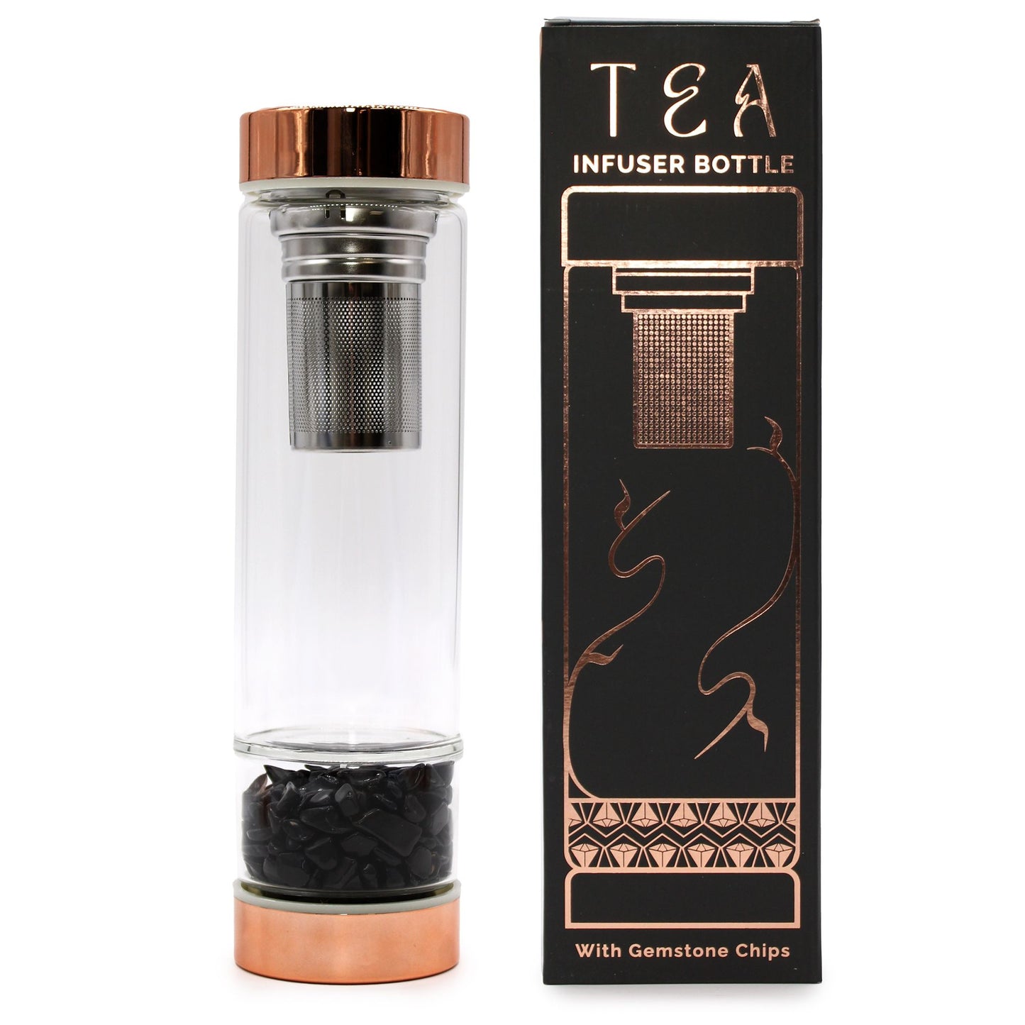 Elegant borosilicate glass tea infuser bottle with rose gold caps and black onyx gemstones at the base.