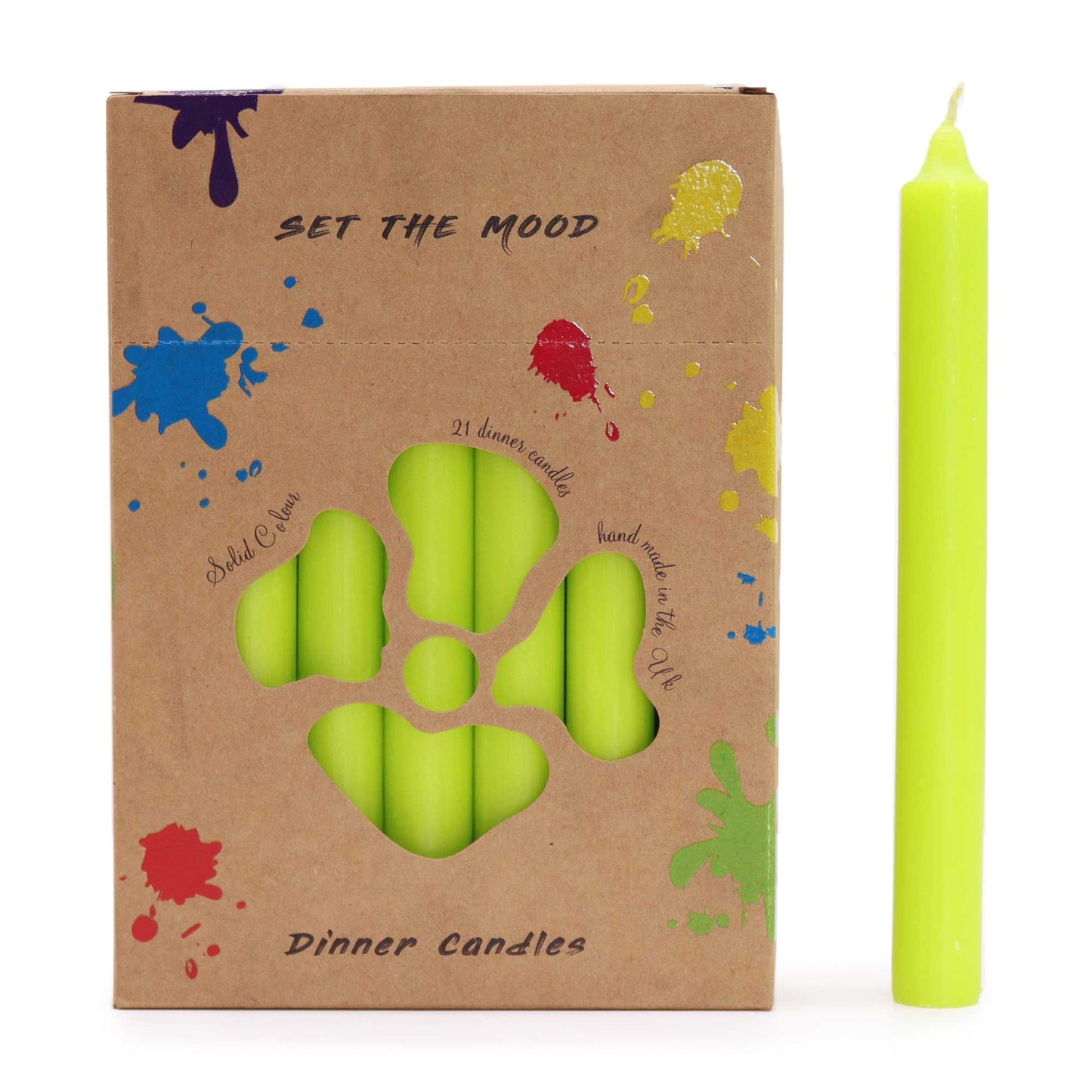 A bundle of 21 rustic lime green solid colour dinner candles showing a textured surface.