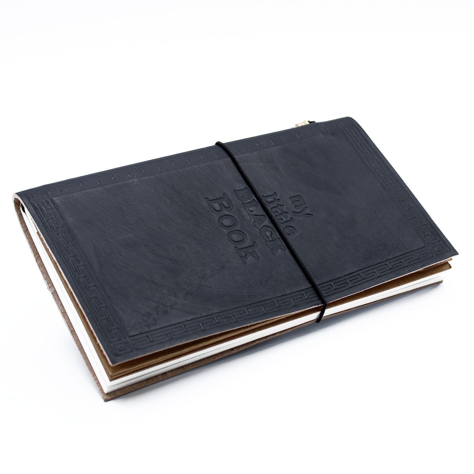 Slim handmade black leather journal featuring a wrap-around band and embossed 'My Little Black Book' design.