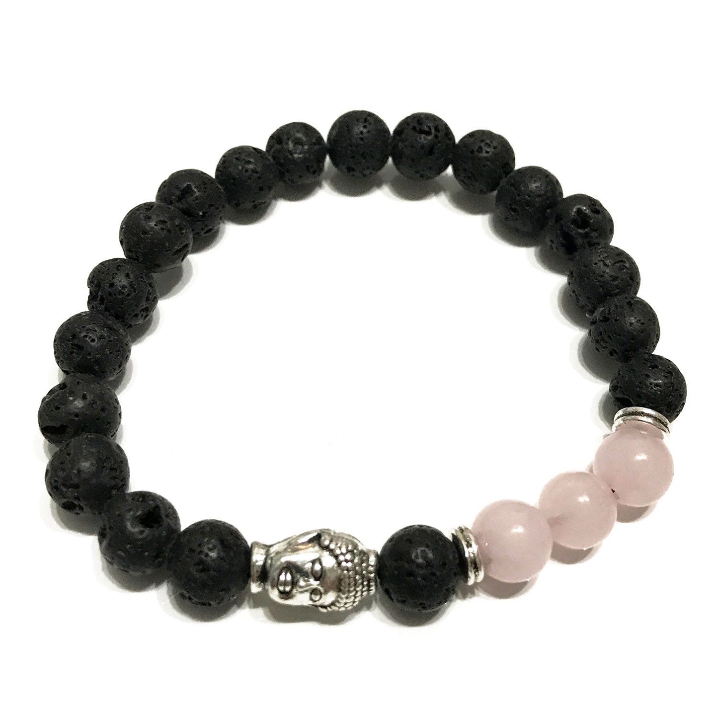 Handcrafted bracelet featuring black porous lava stone beads, soft pink rose quartz, and a silver-toned Buddha head charm.