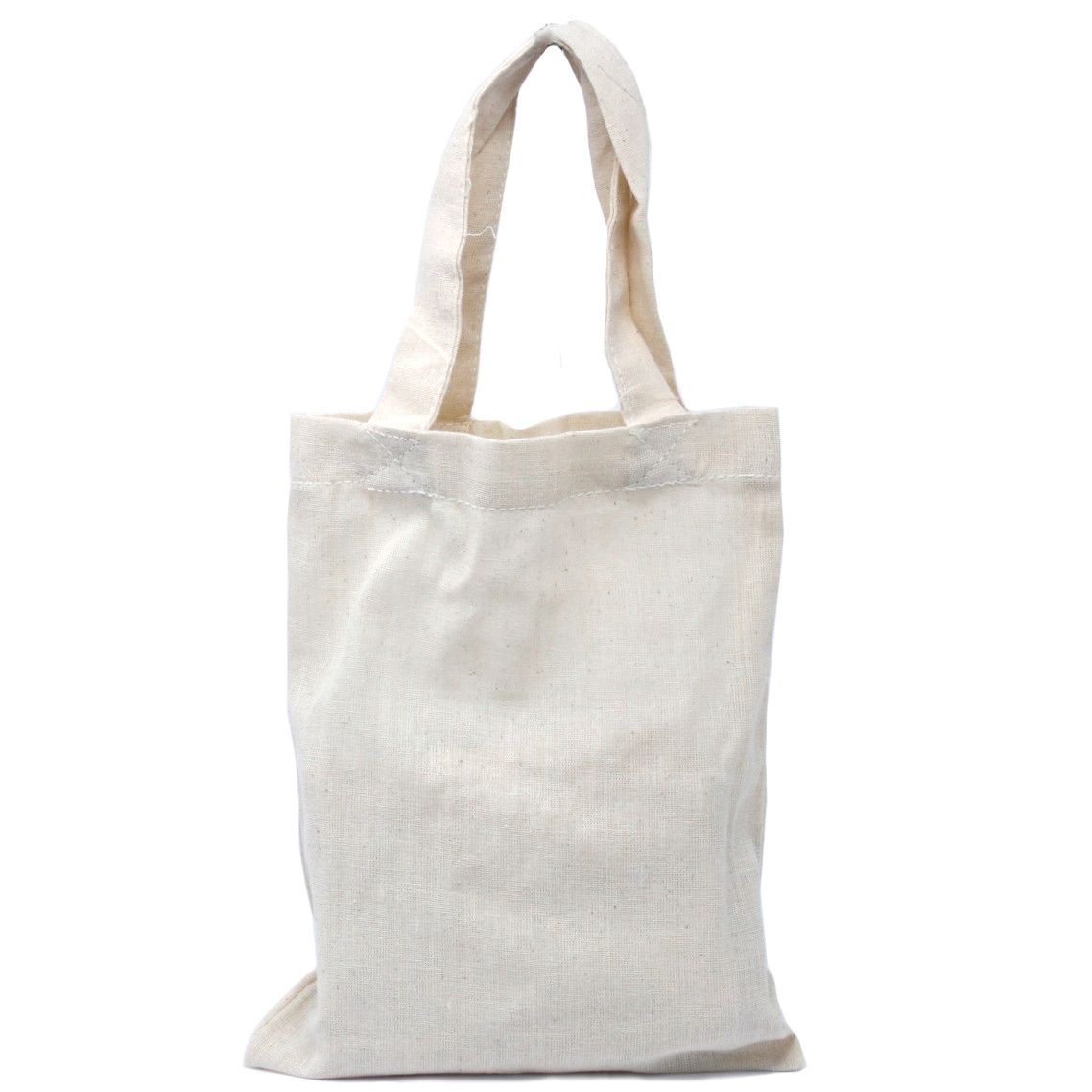 Small natural cream-coloured cotton tote bag with short and long handles on a plain background.