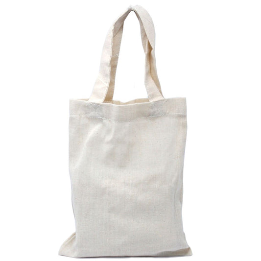 Small natural cream-coloured cotton tote bag with short and long handles on a plain background.