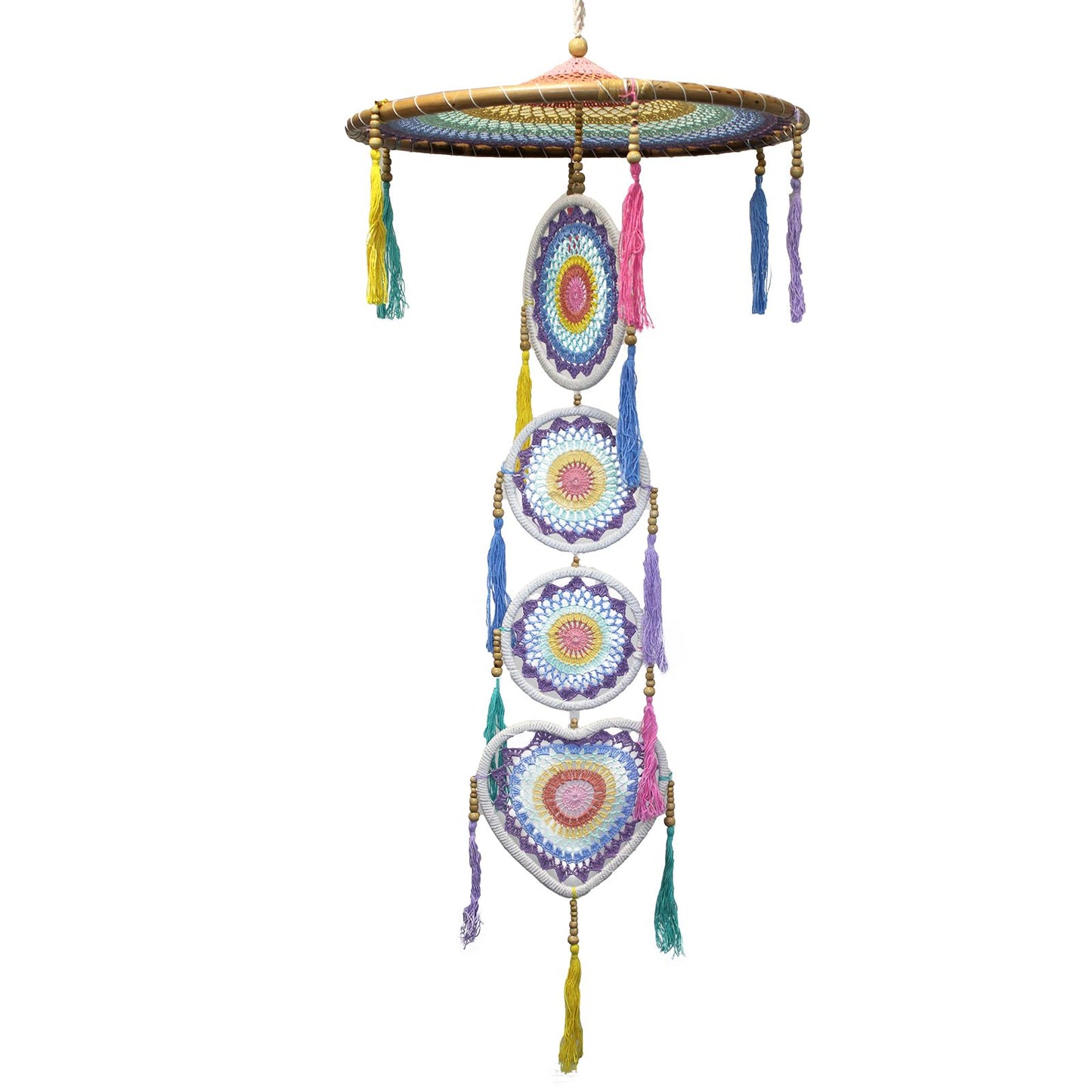 Extra large bohemian dreamcatcher with a vibrant pastel rainbow fringe and intricate woven web design.