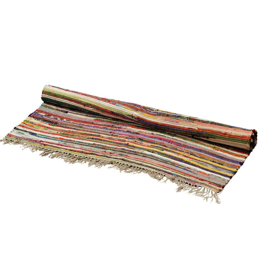 Large colourful handcrafted Indian rag rug with a vibrant woven texture in a random mix of bright colours.