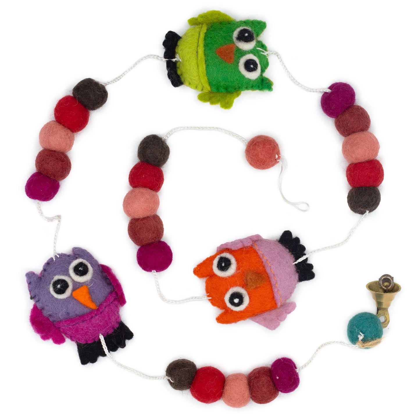 Handmade vertical felt wall hanging featuring a series of colourful, whimsical owls and soft felt beads.