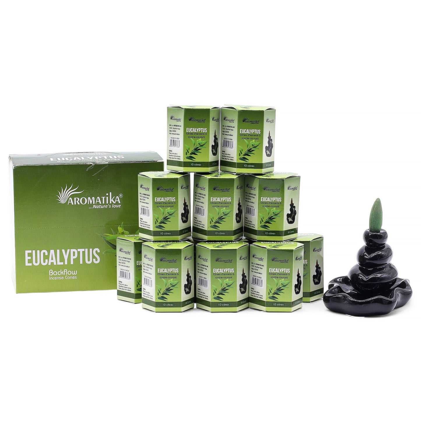 Hexagonal box of ten masala backflow incense cones with a refreshing eucalyptus scent for meditation and relaxation.