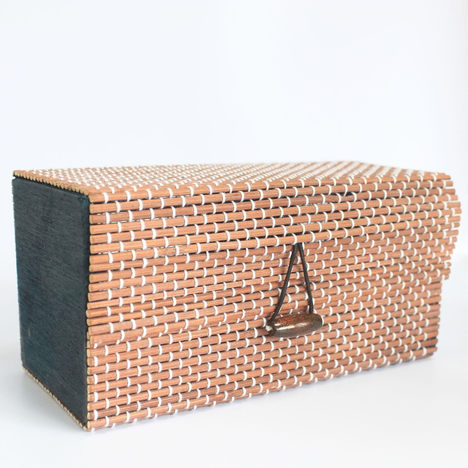 Handcrafted rectangular light brown bamboo gift box with a natural woven texture and a simple lid closure.