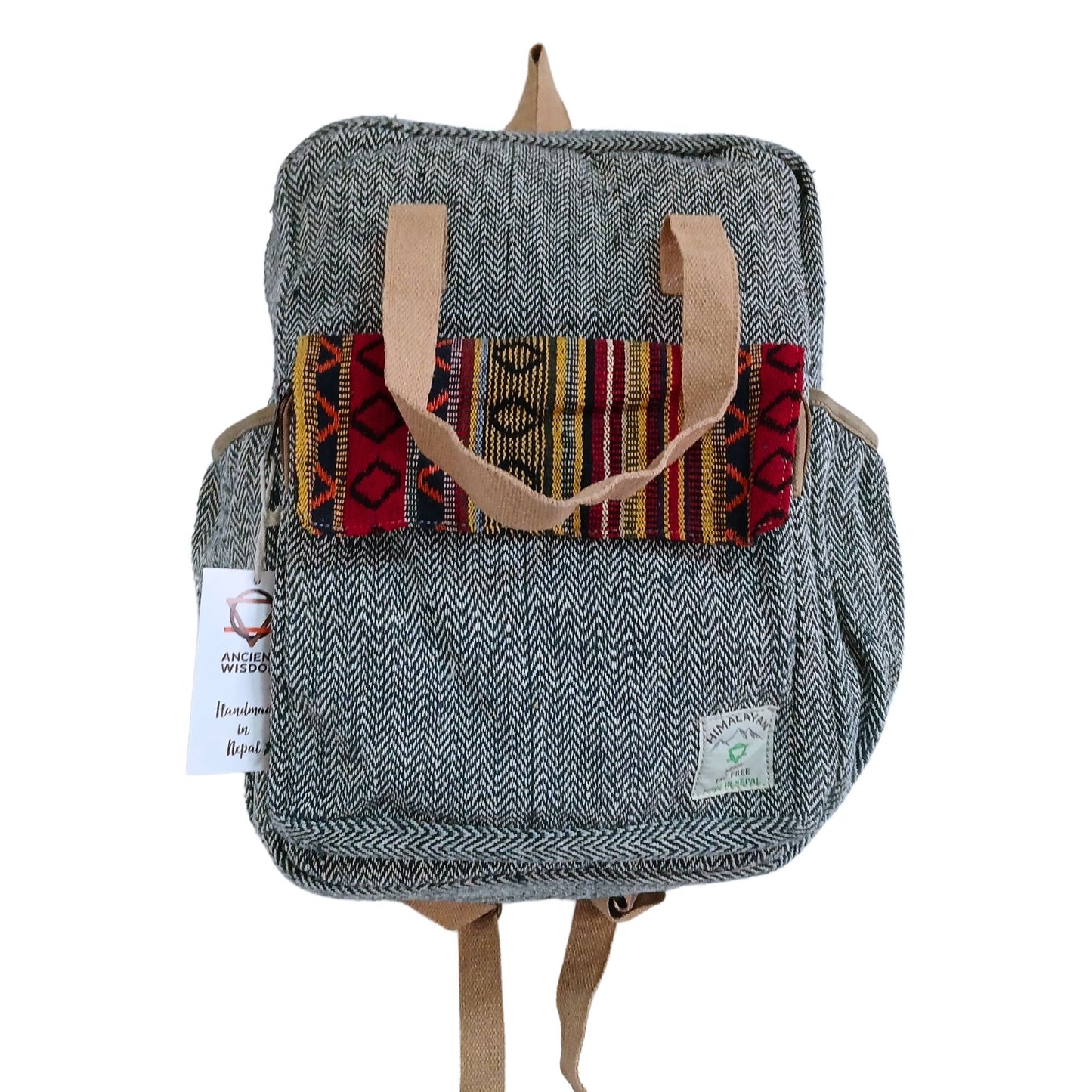 Eco-friendly natural hemp backpack with adjustable straps and multiple pockets for travel and hiking.