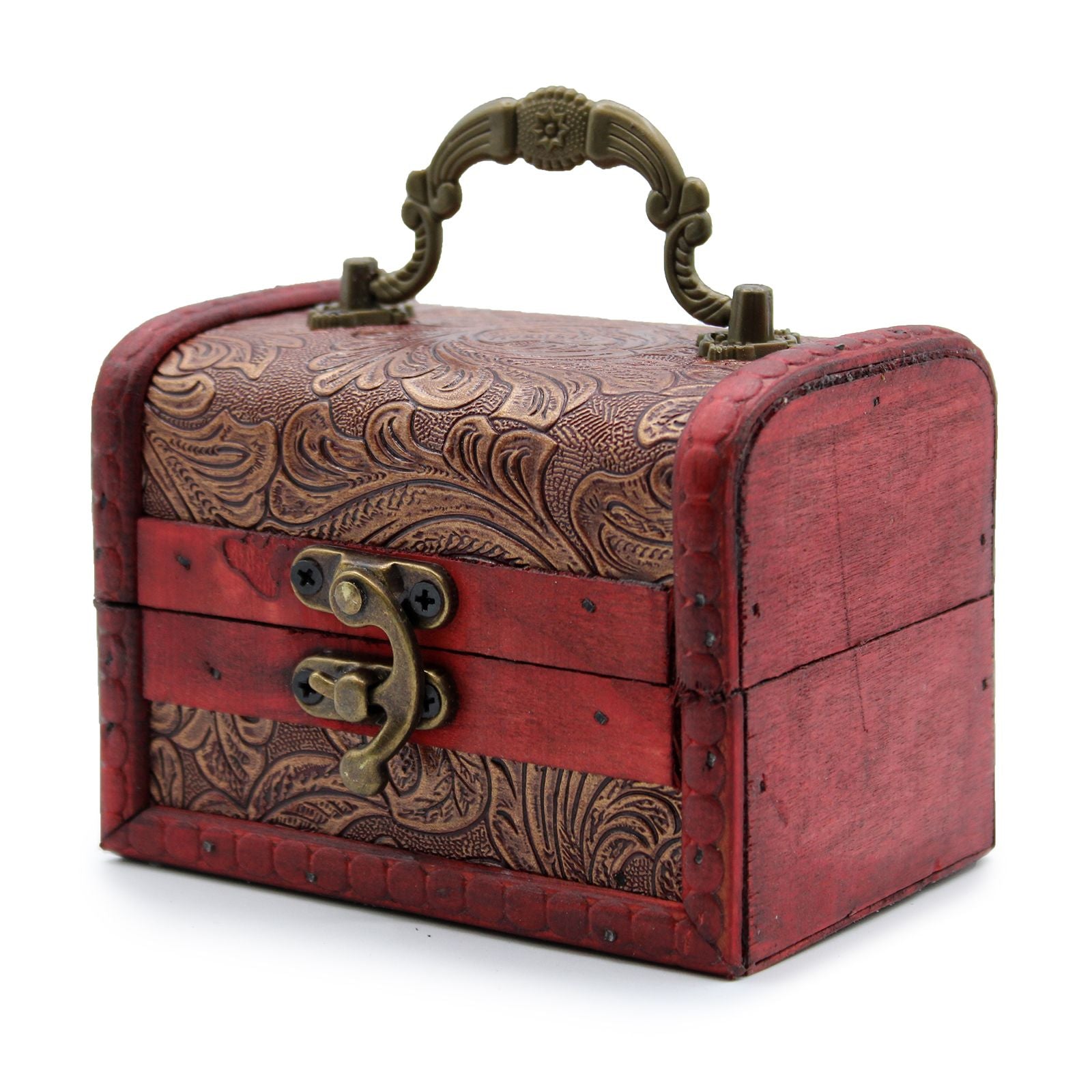 Large vintage style wooden box with intricate floral embossing and rustic brass fittings in a colonial antique design.