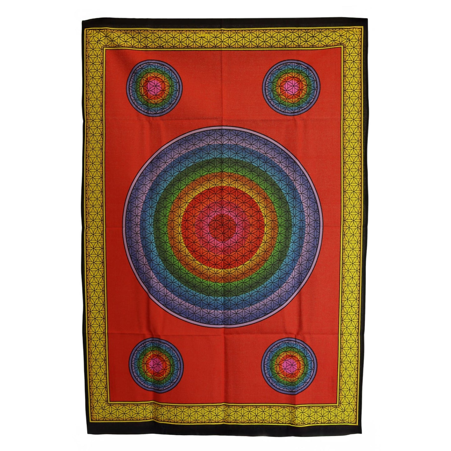 Lightweight red cotton wall hanging featuring five colourful geometric Flower of Life circles in a vertical row.