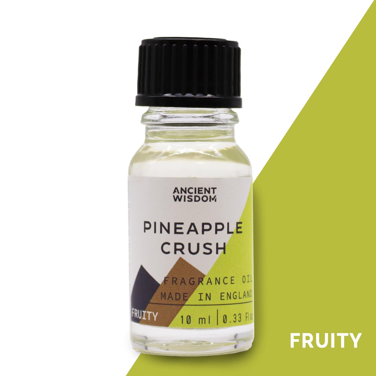 A 10ml amber glass bottle of pineapple scented fragrance oil with a simple white label.