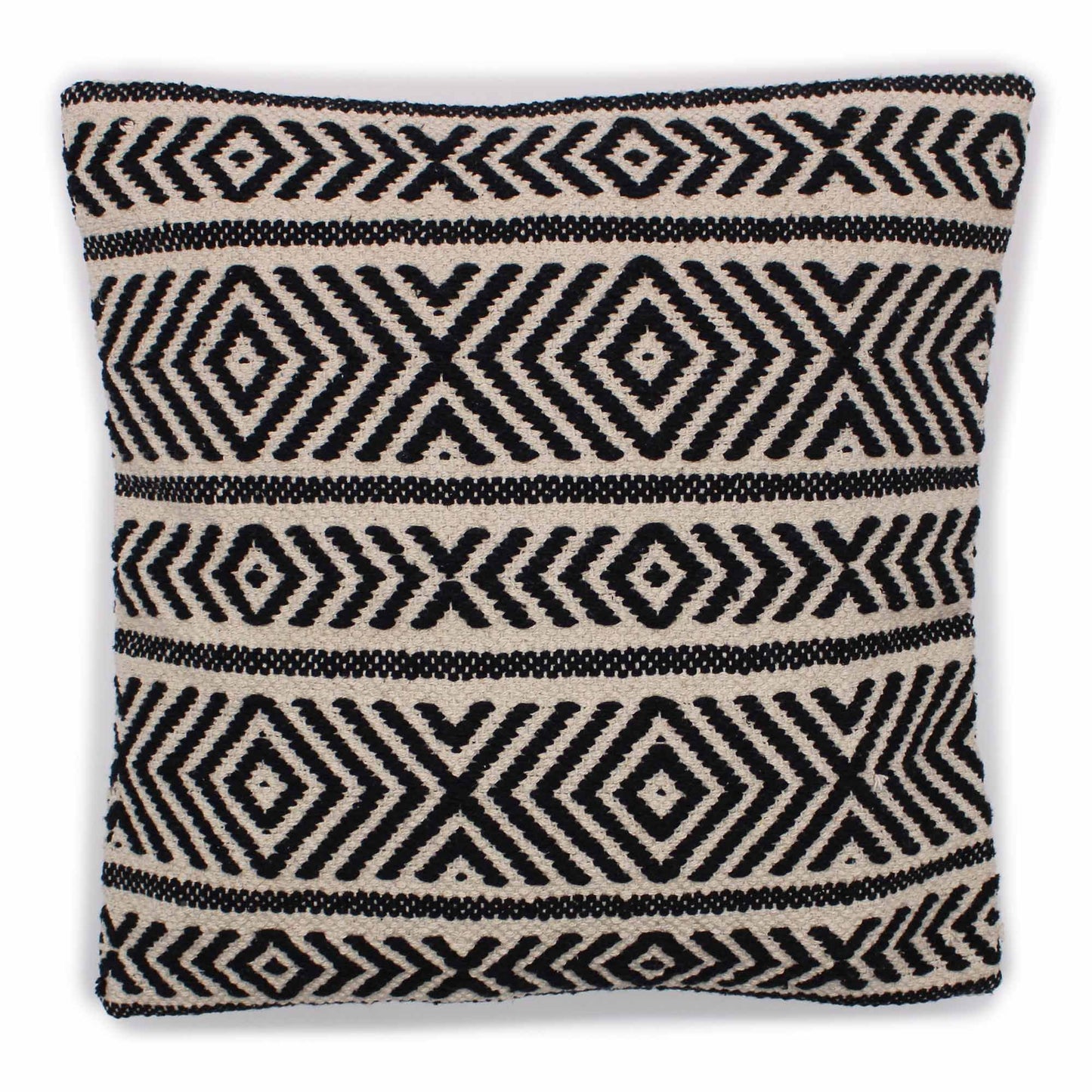 Square cotton cushion cover with a decorative traditional Indian tribal geometric pattern in neutral beige and black.