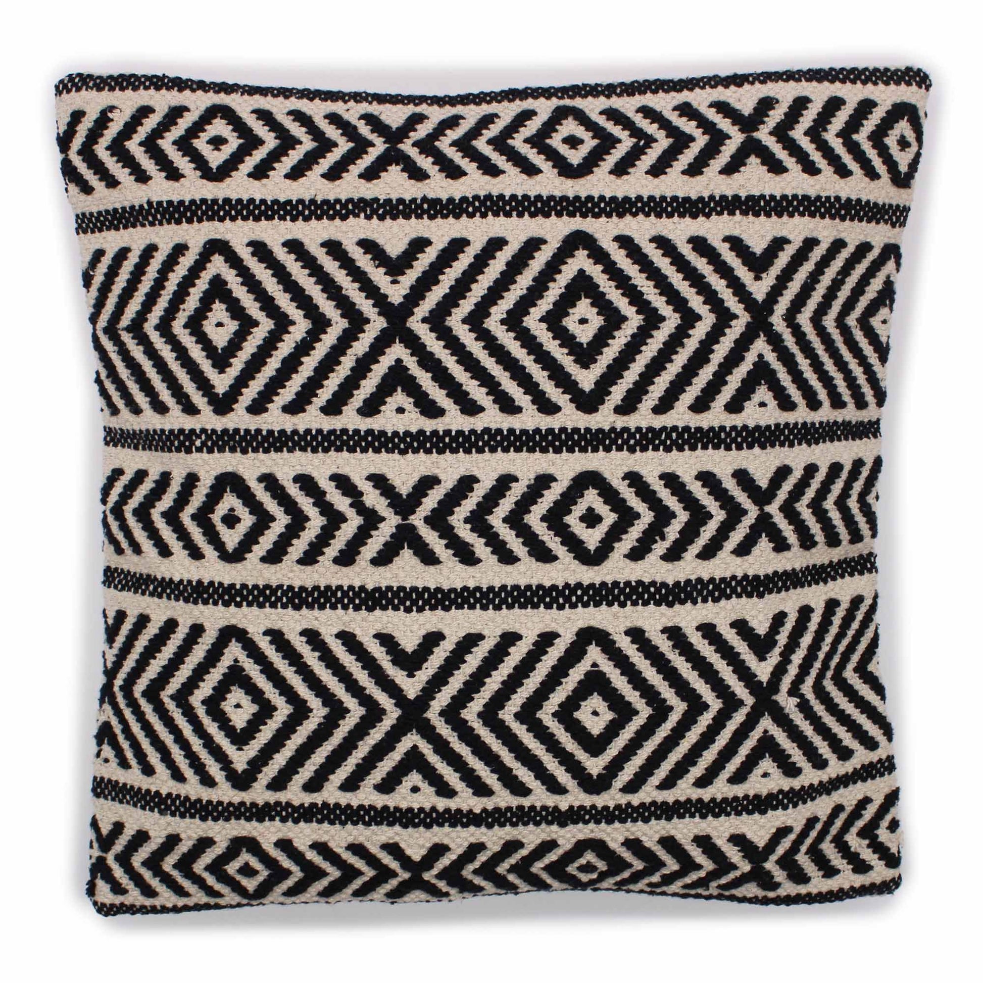 Square cotton cushion cover with a decorative traditional Indian tribal geometric pattern in neutral beige and black.