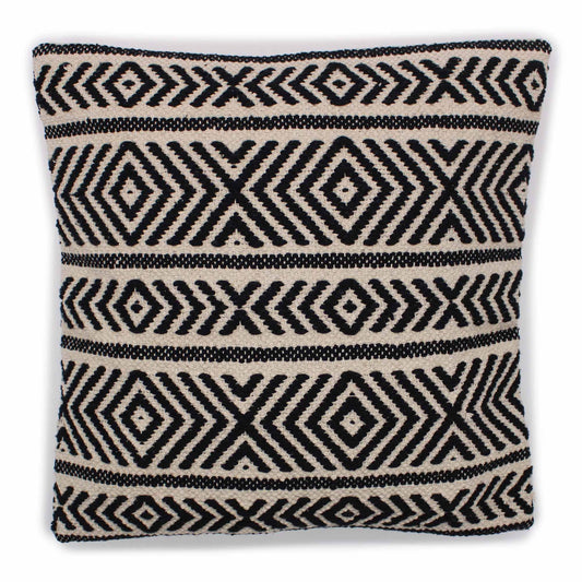 Square cotton cushion cover with a decorative traditional Indian tribal geometric pattern in neutral beige and black.