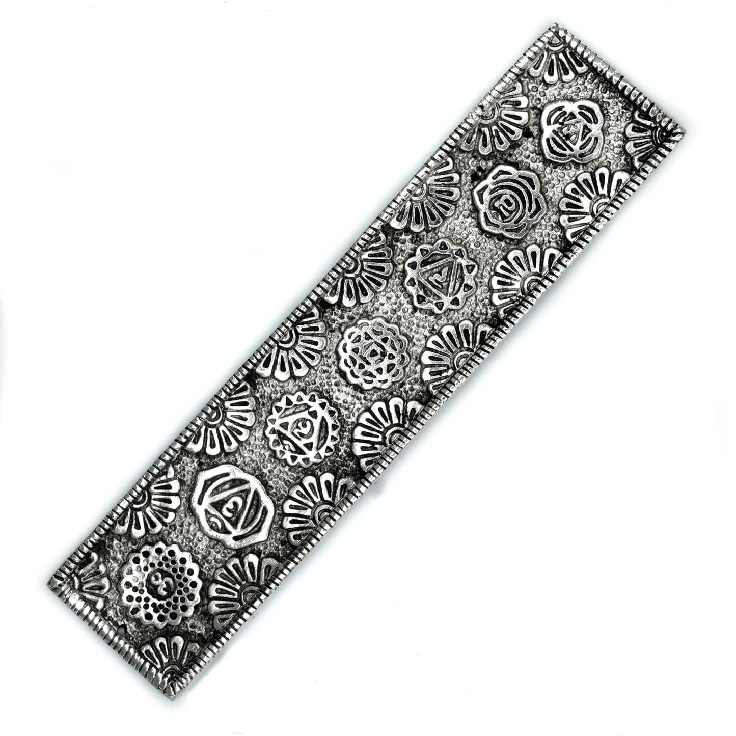 Long, slender polished aluminium incense holder featuring vibrant colourful floral chakra symbols along the body.