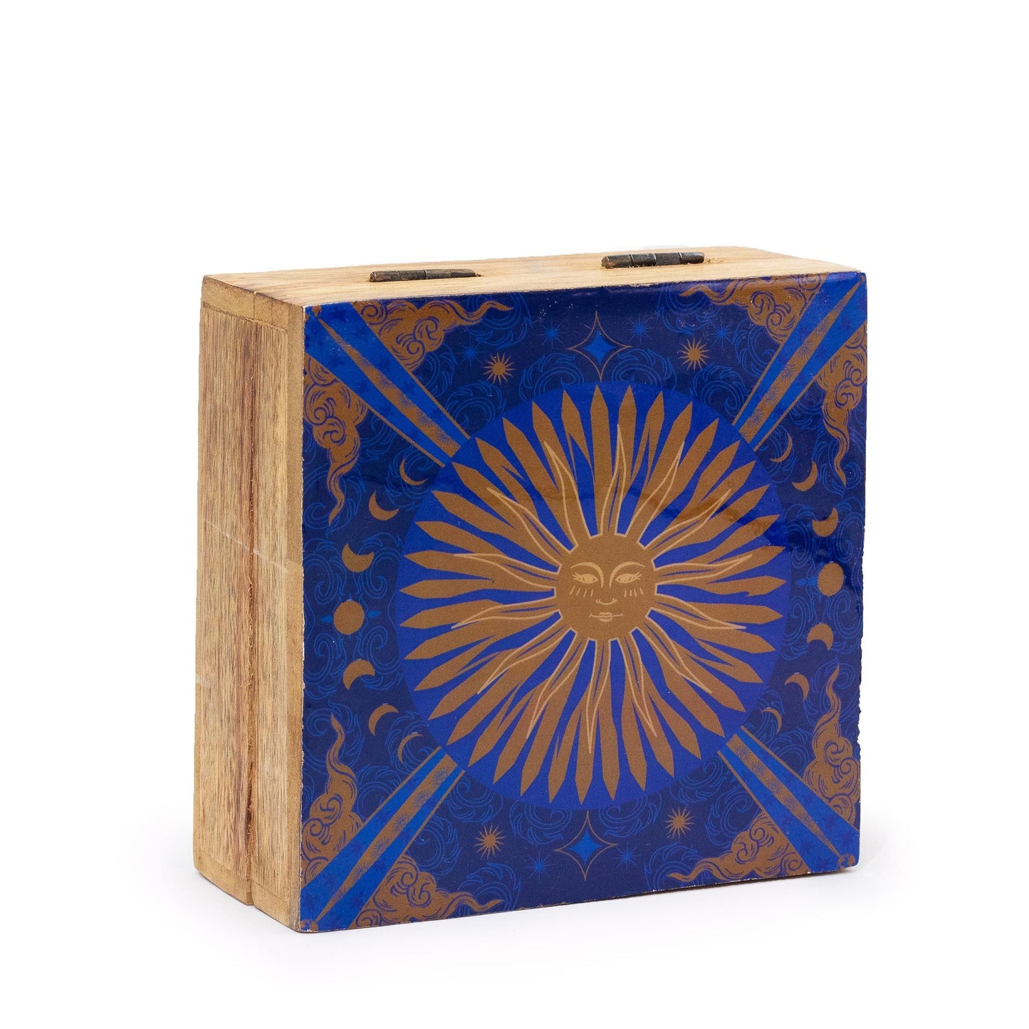Medium square wooden box with a vibrant yellow enamelled lid featuring a traditional sun tarot card illustration.