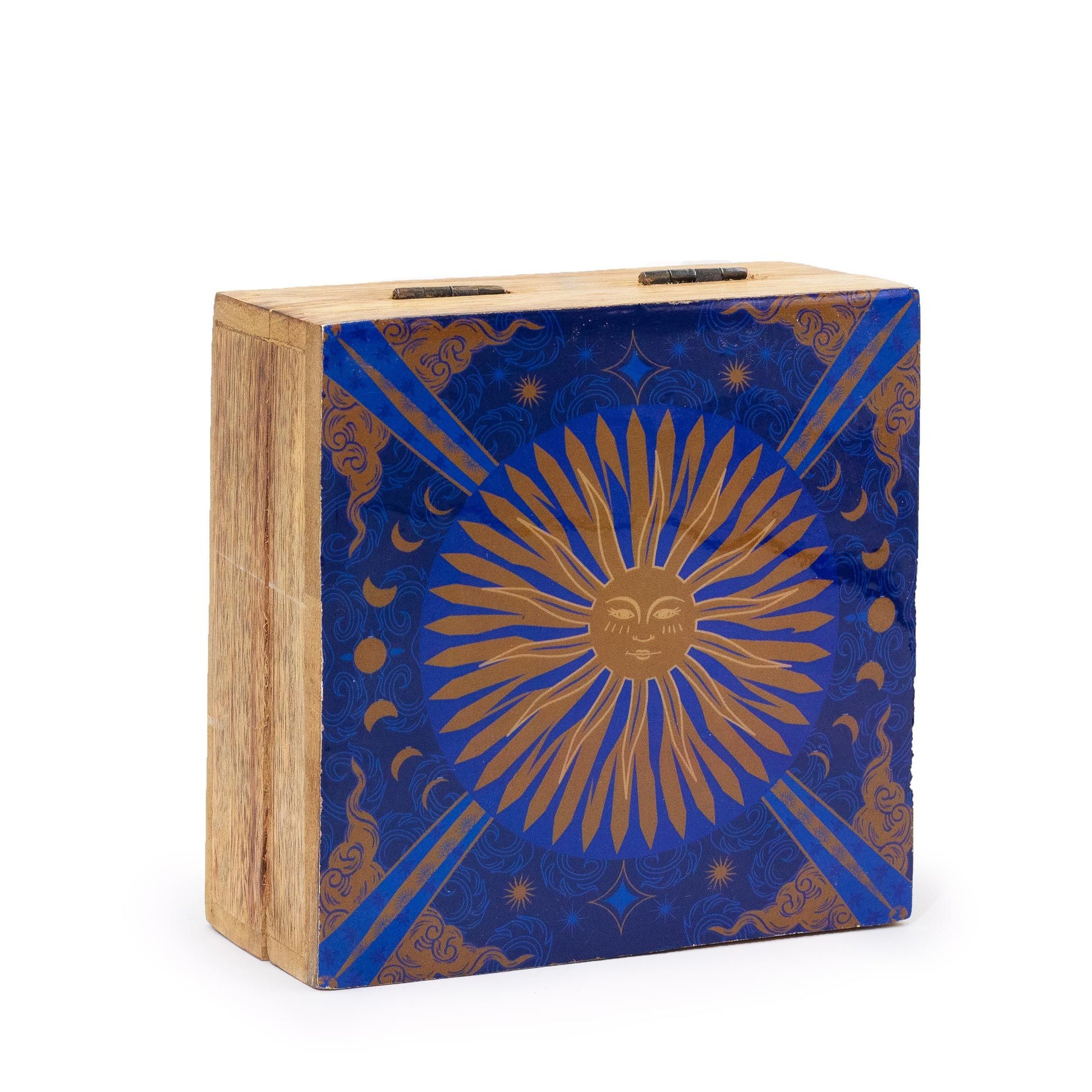 Medium square wooden box with a vibrant yellow enamelled lid featuring a traditional sun tarot card illustration.