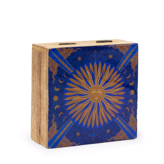 Medium square wooden box with a vibrant yellow enamelled lid featuring a traditional sun tarot card illustration.