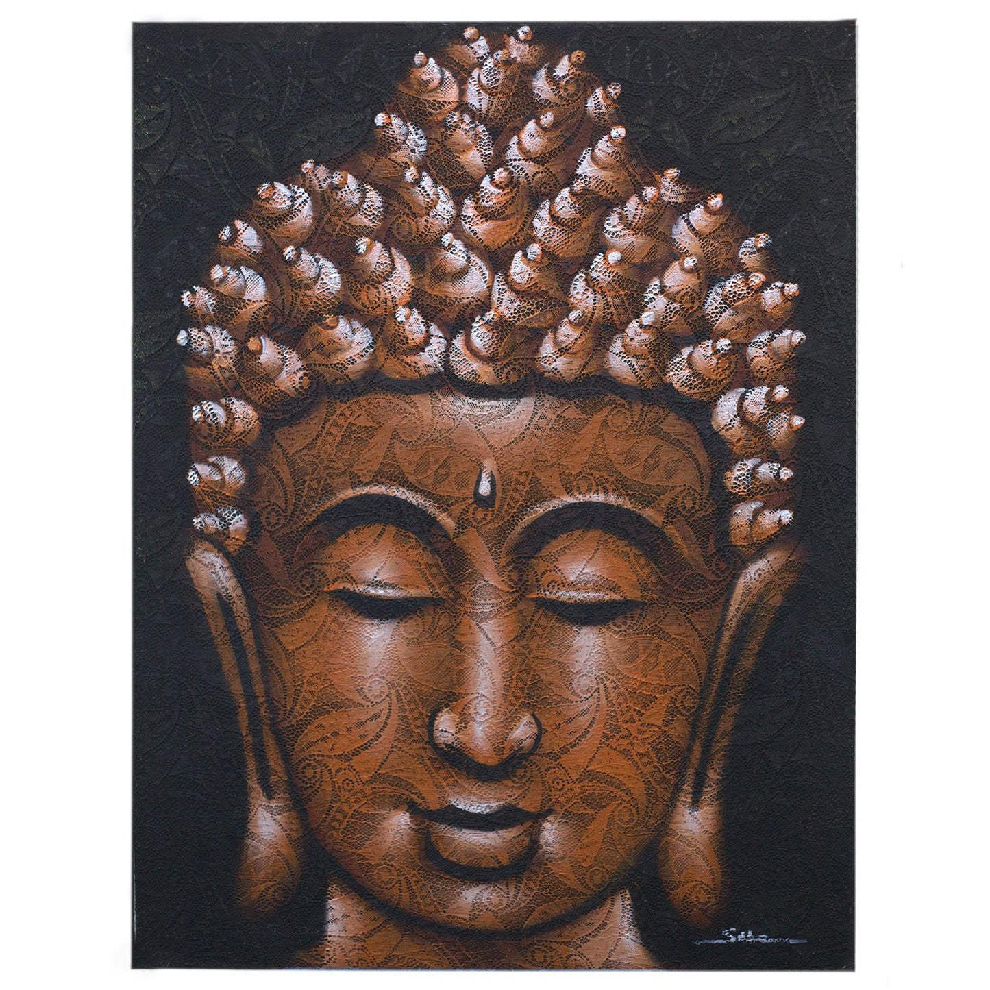 Hand-painted Buddha artwork on canvas featuring intricate copper brocade details and a natural wooden frame.
