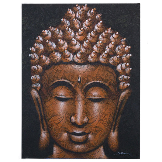 Hand-painted Buddha artwork on canvas featuring intricate copper brocade details and a natural wooden frame.