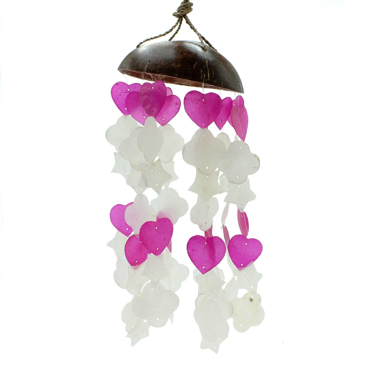 Handcrafted windchime featuring pink and white mixed-shape Capiz shells suspended from a natural driftwood branch.