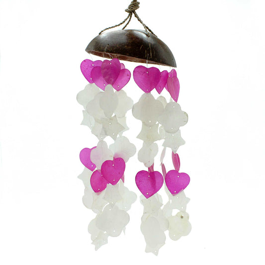 Handcrafted windchime featuring pink and white mixed-shape Capiz shells suspended from a natural driftwood branch.