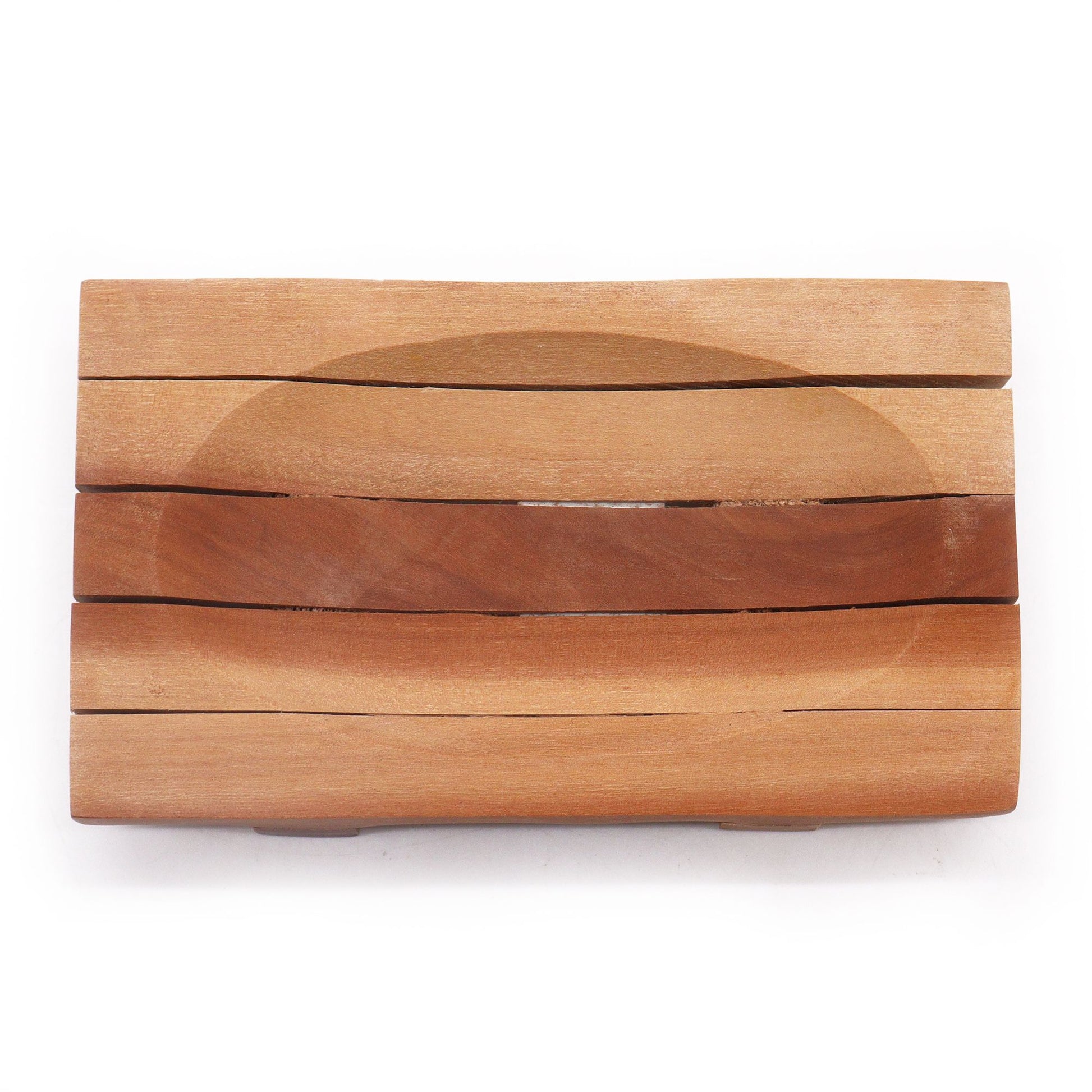 Handcrafted dark wood mahogany soap dish with a grid drainer design for optimal water drainage.