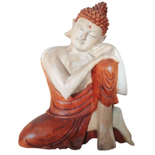 Detailed 25cm hand-carved Suar wood statue of a Thinking Buddha with intricate grain patterns in a meditative pose.