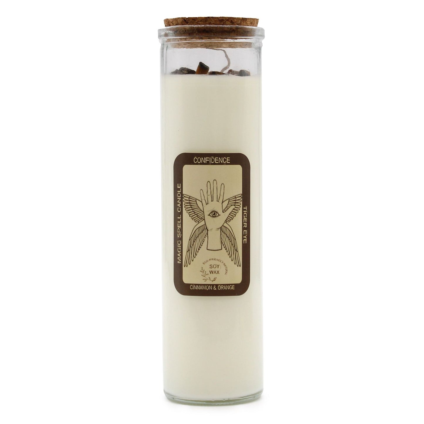 Hand-poured soy wax spell candle topped with brown tiger eye gemstones and aromatic cinnamon pieces in a glass jar.