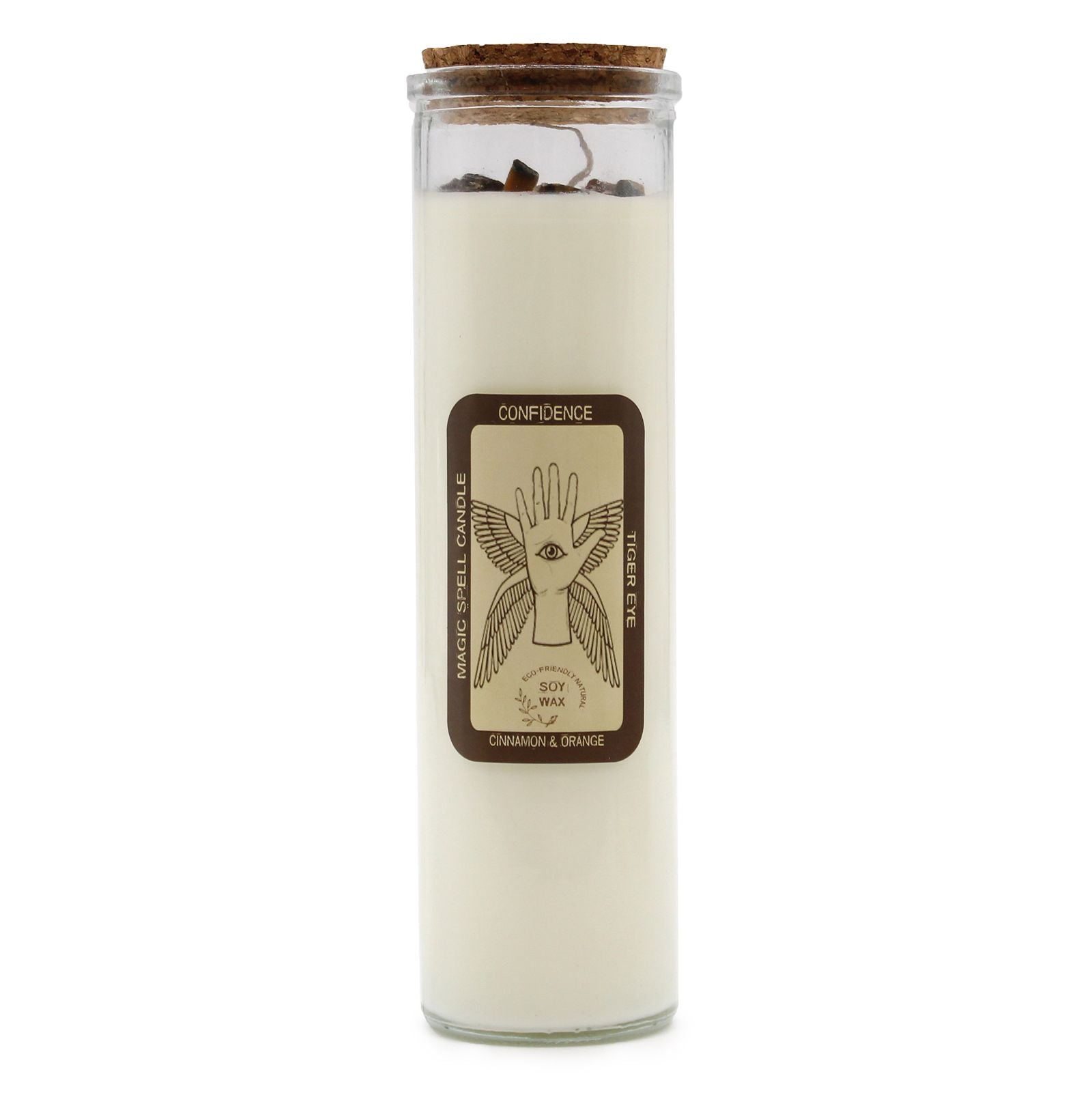 Hand-poured soy wax spell candle topped with brown tiger eye gemstones and aromatic cinnamon pieces in a glass jar.
