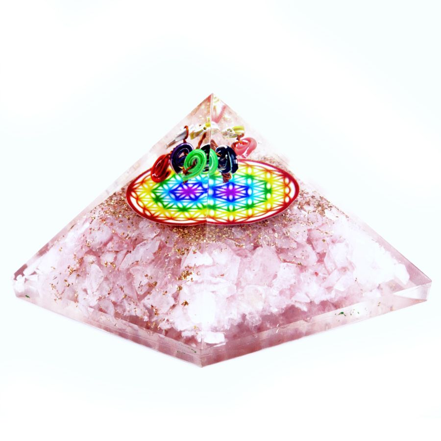 70mm crystal orgonite pyramid featuring rose quartz chips and a vibrant rainbow coloured Flower of Life symbol.