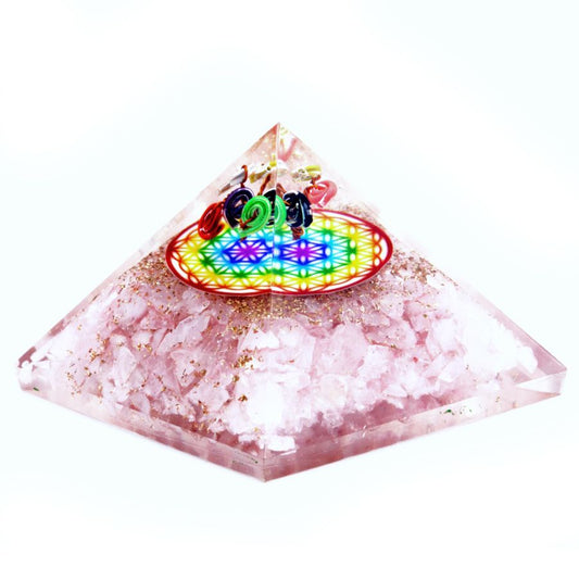 70mm crystal orgonite pyramid featuring rose quartz chips and a vibrant rainbow coloured Flower of Life symbol.