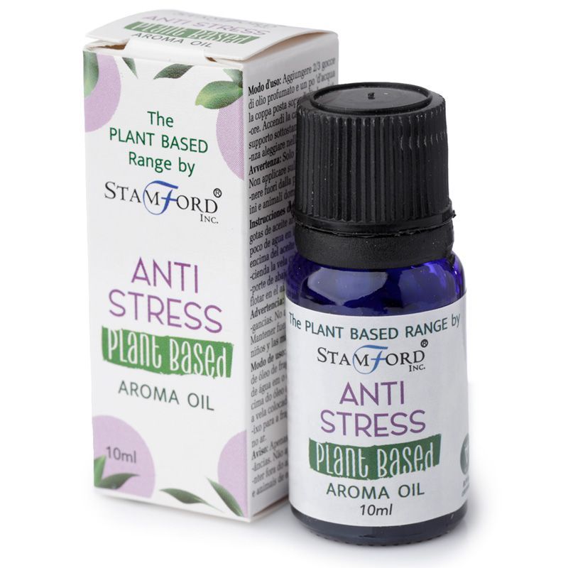 A small amber glass bottle of anti-stress aroma oil with a minimalist label on a neutral background.