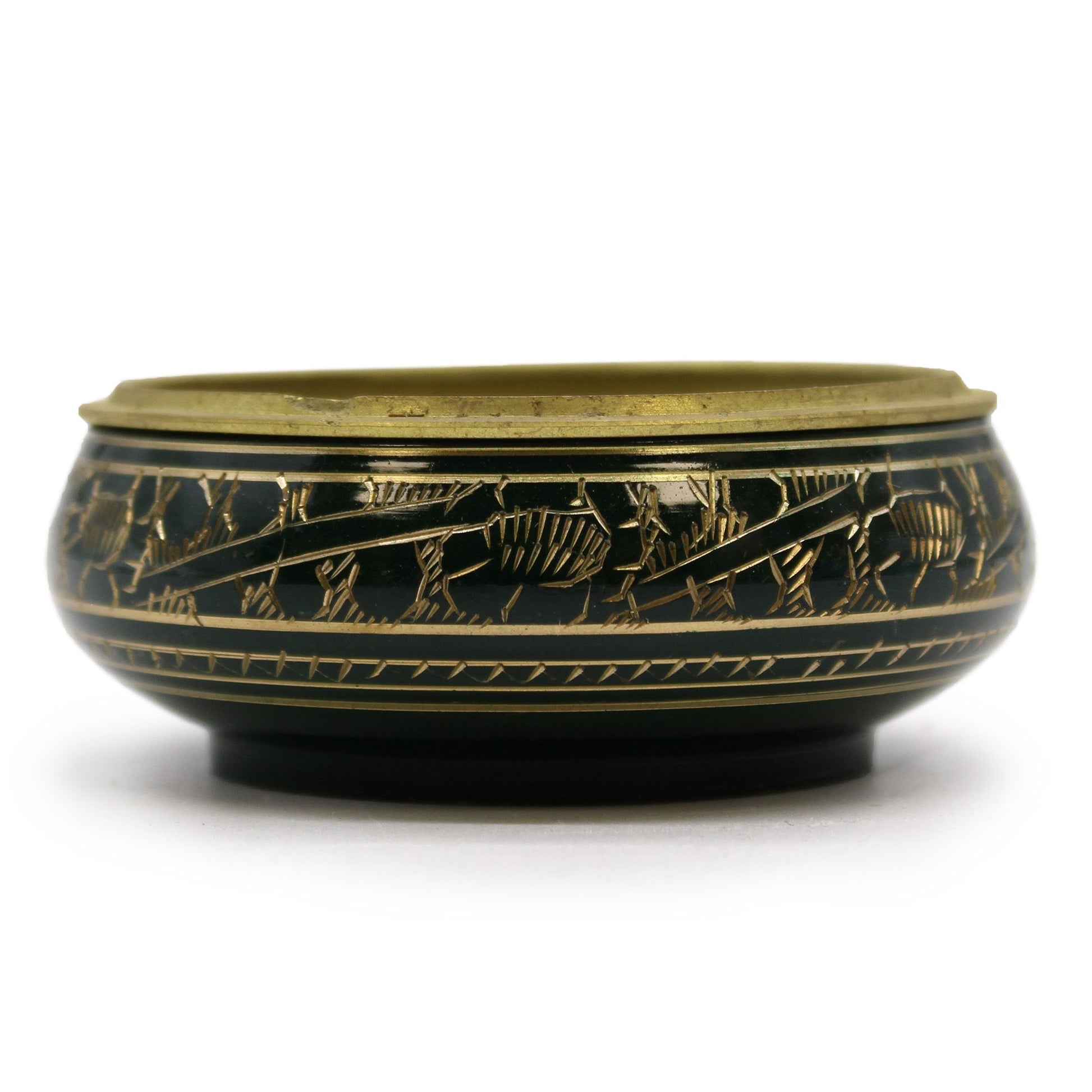 Handmade green charcoal incense jar with intricate golden patterns and a removable metal grate for resin burning.