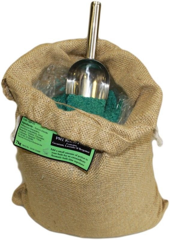 Large rustic hessian sack filled with aromatherapy bath salts infused with essential oils.
